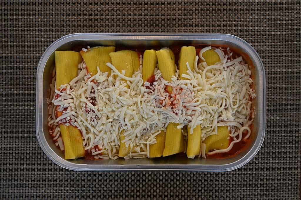 Image of the tray of Costco Kirkland Signature Four Cheese and Spinach Manicotti with the lid off. 