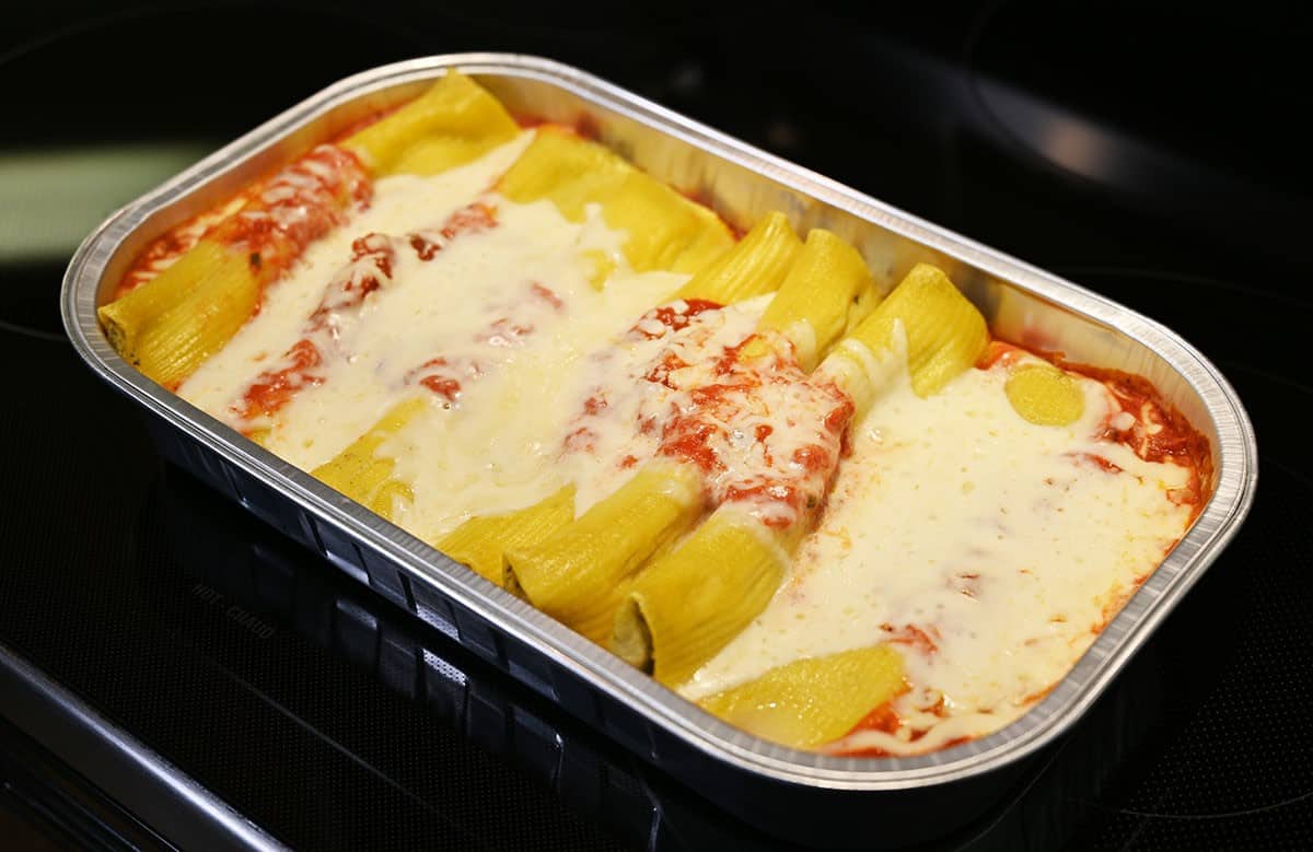 Image of the tray of Four Cheese and Spinach Manicotti from Costco after cooking it in the oven. 