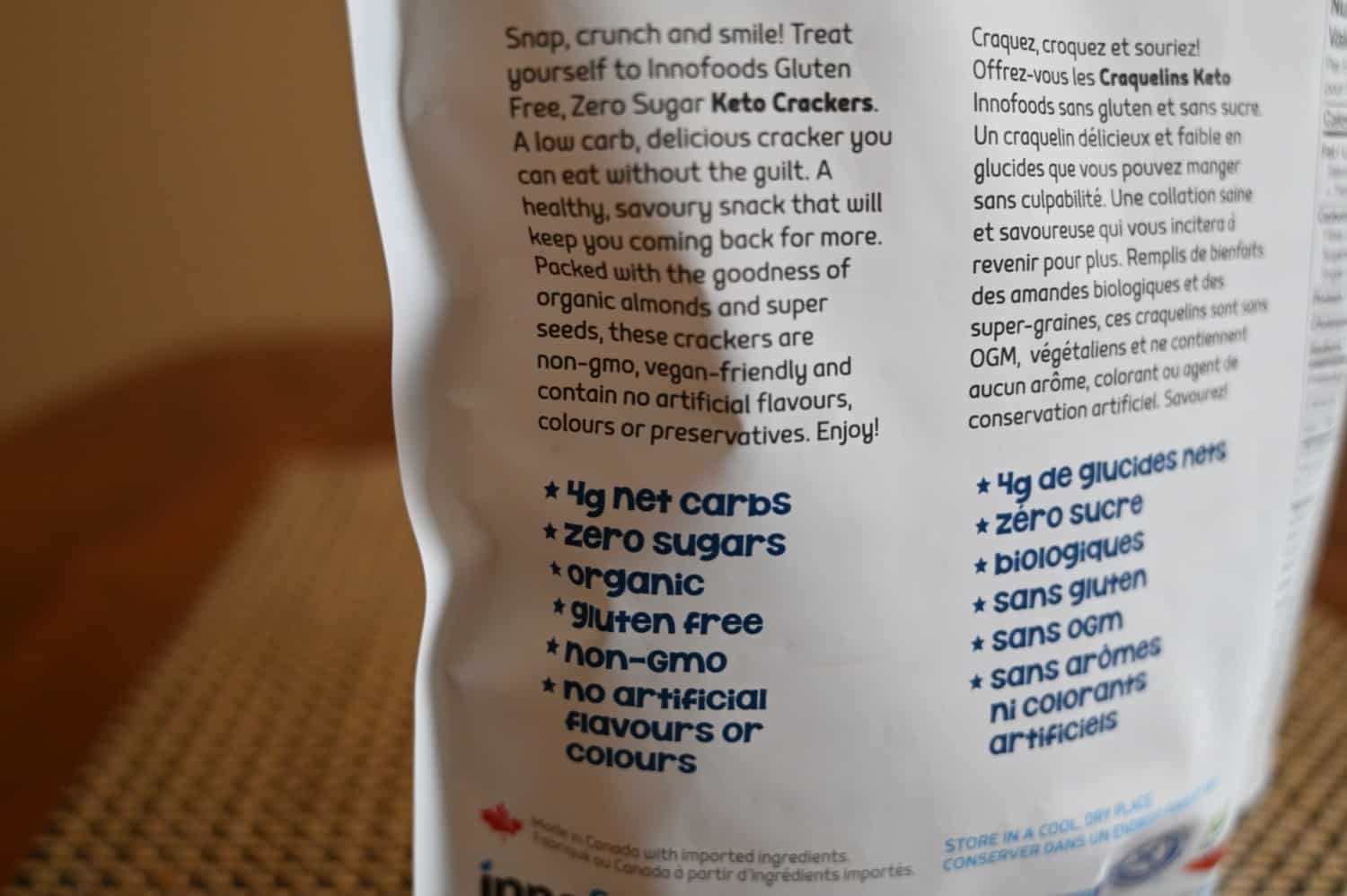 A close-up of the back of the bag with text discussing some of the features of the crackers, including key nutritional highlights.
