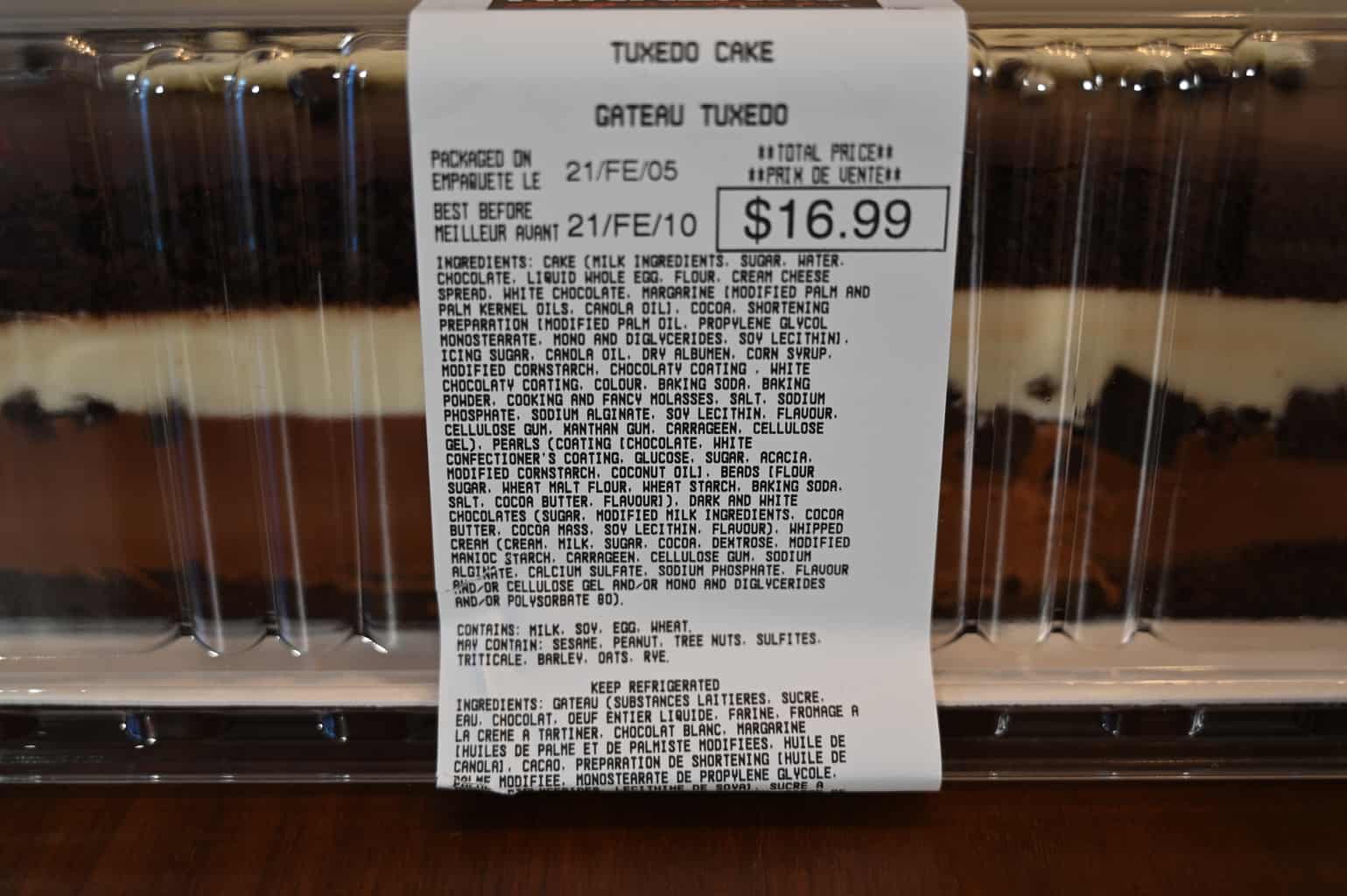 The ingredients list for the Kirkland Signature Tuxedo Cake.