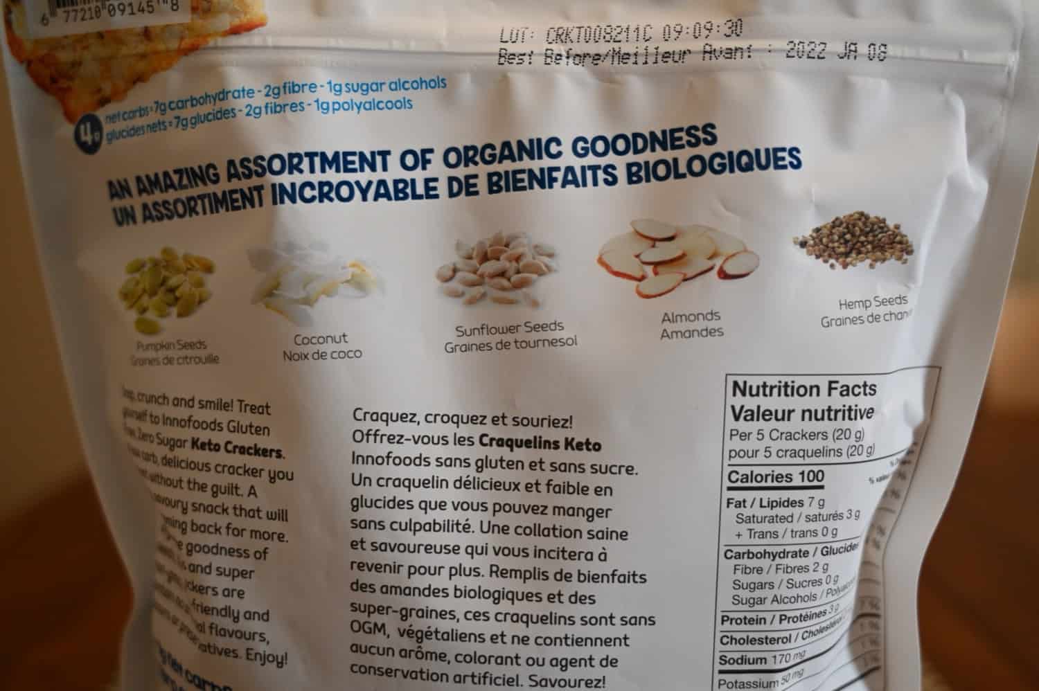 A close-up of the back of the bag showing some of the ingredients in the crackers.