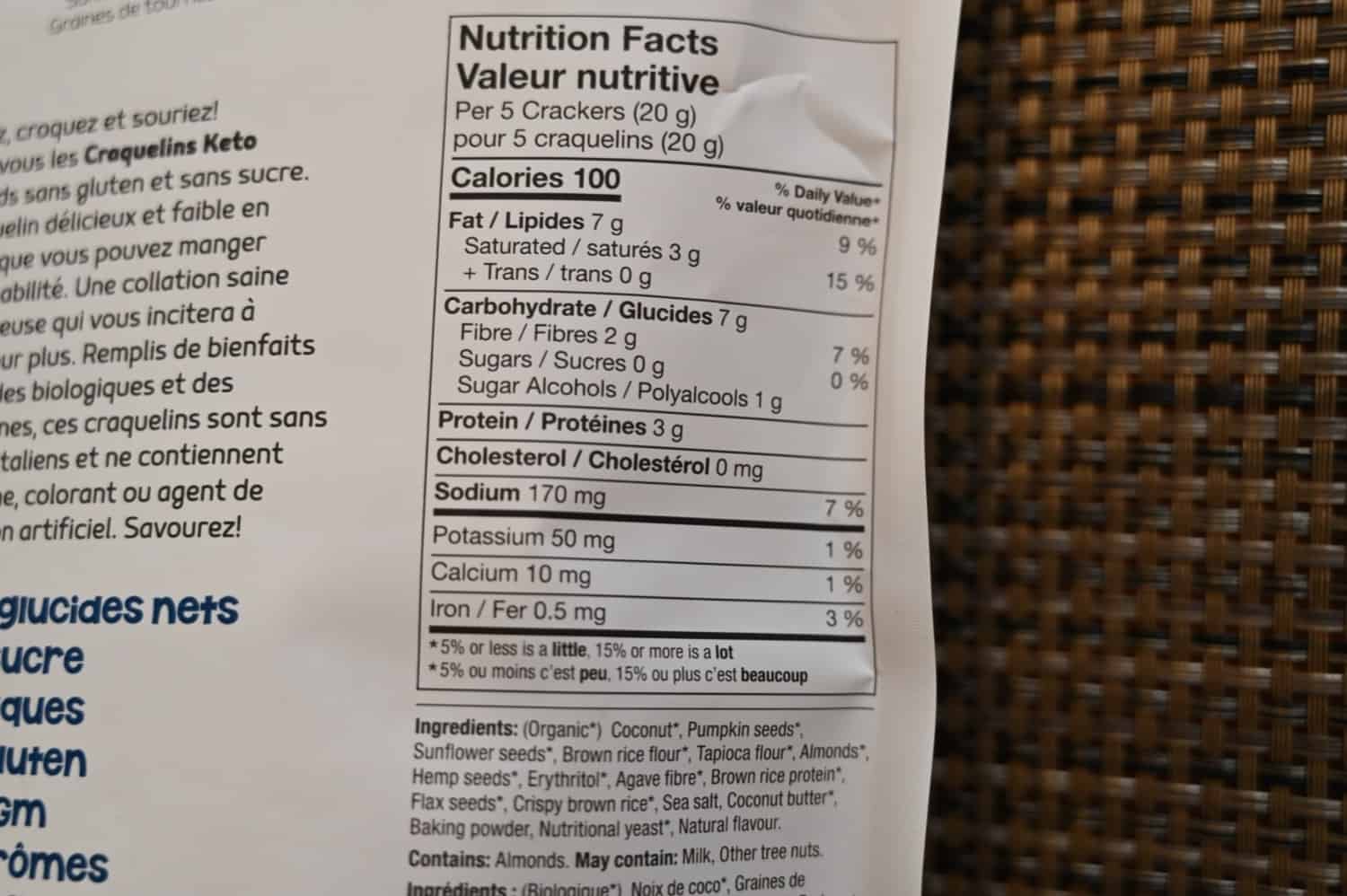 The nutrition facts and the ingredients list for the keto crackers.