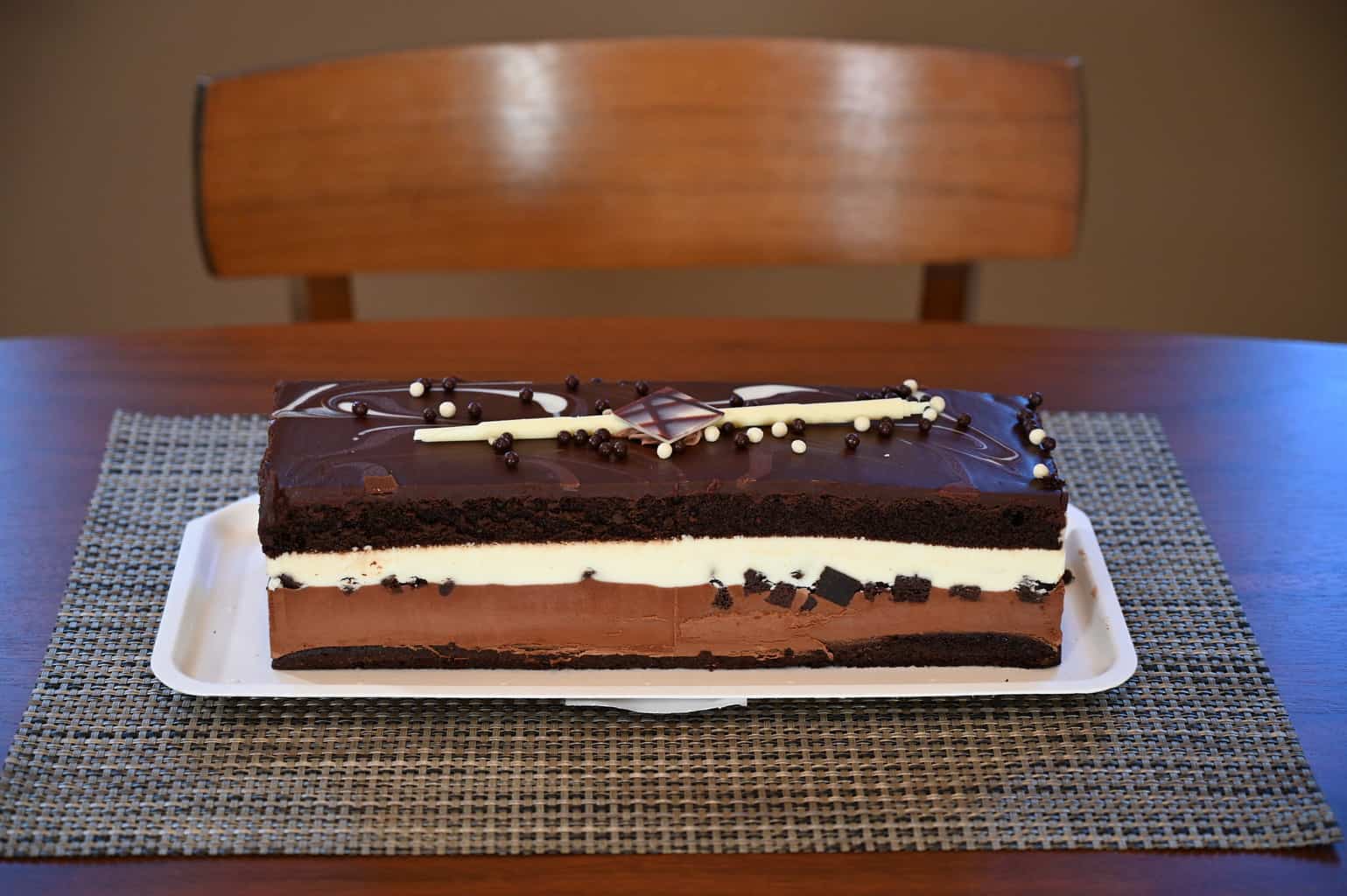 The Kirkland Signature Tuxedo Cake shown with the lid off.