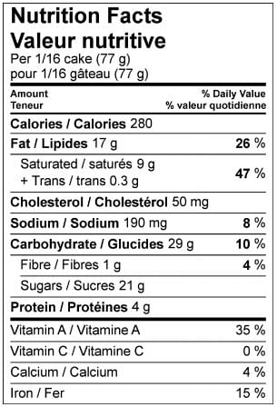 Nutrition facts for the Kirkland Signature Tuxedo Cake.