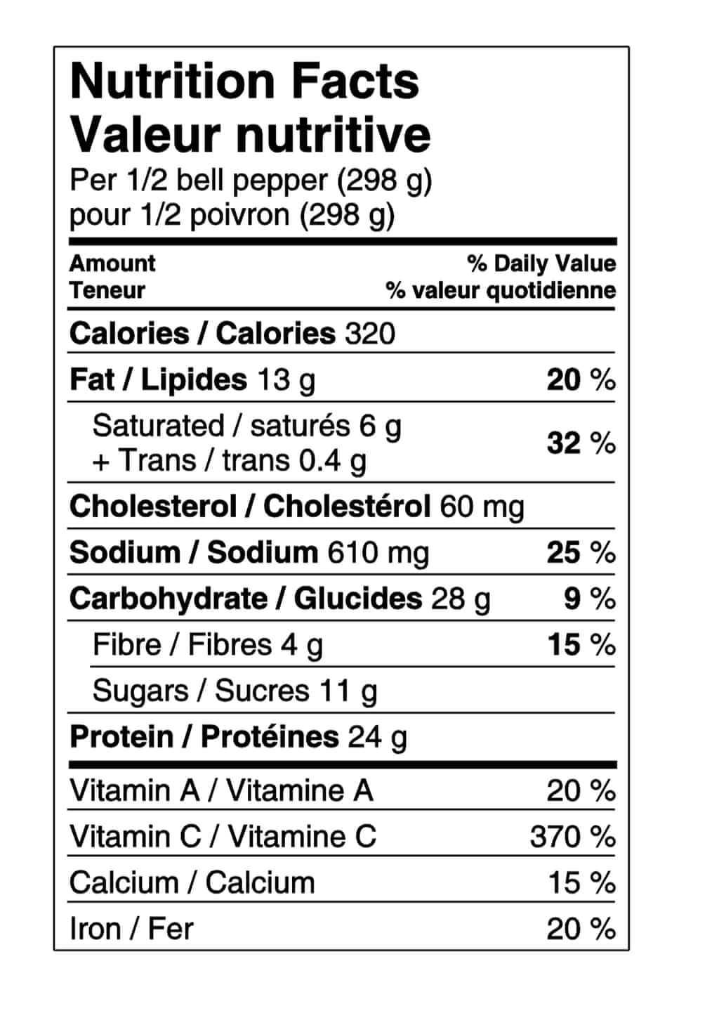Nutrition facts for each half stuffed bell pepper (or one sixth of the tray).