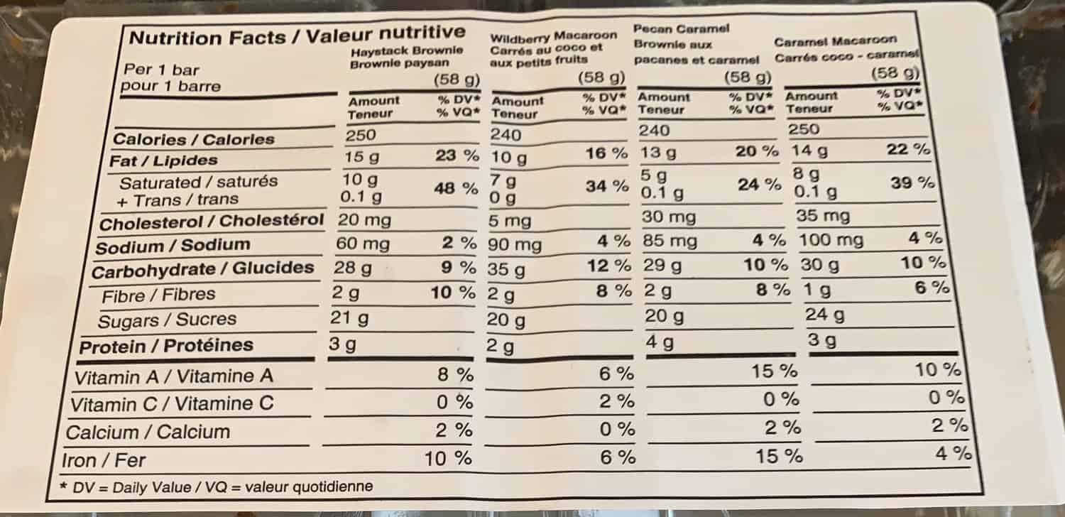 Image of the nutrition facts for the variety dessert bars from the back of the box.
