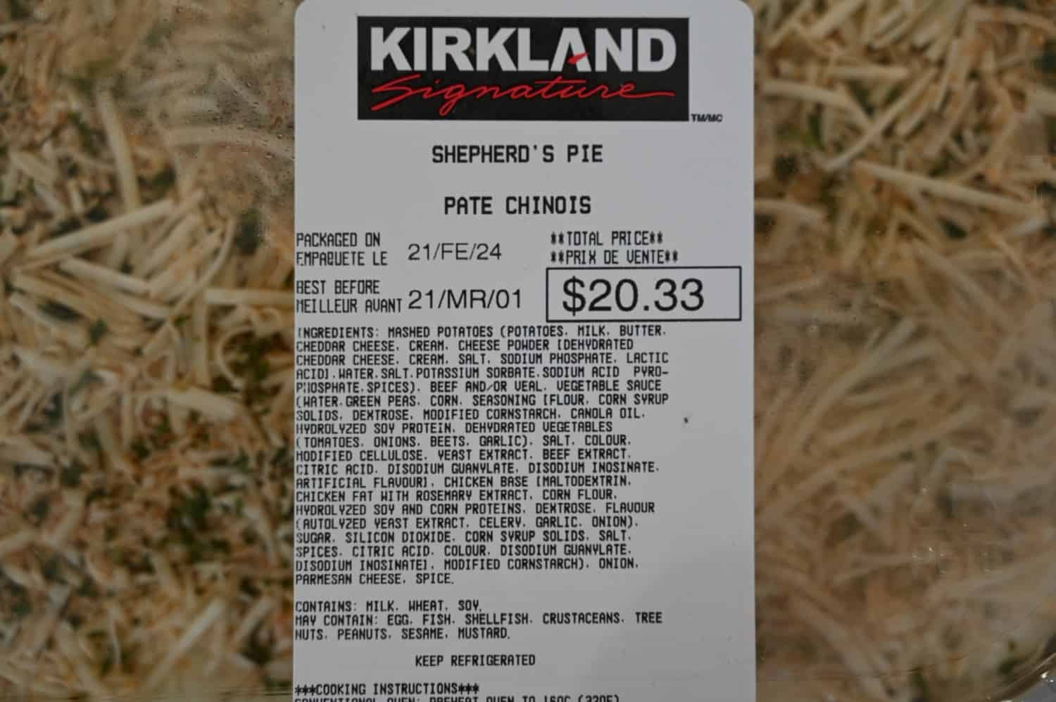 The ingredients list for the Kirkland Signature Shepherd's Pie.