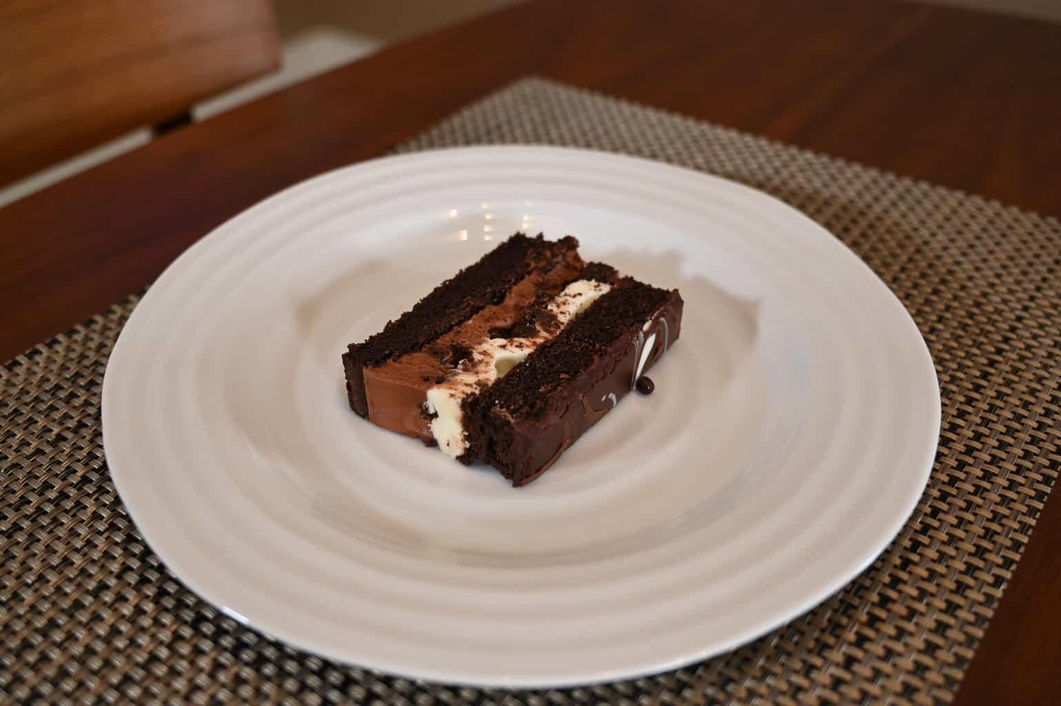 A slice of the Kirkland Signature Tuxedo cake on a plate.