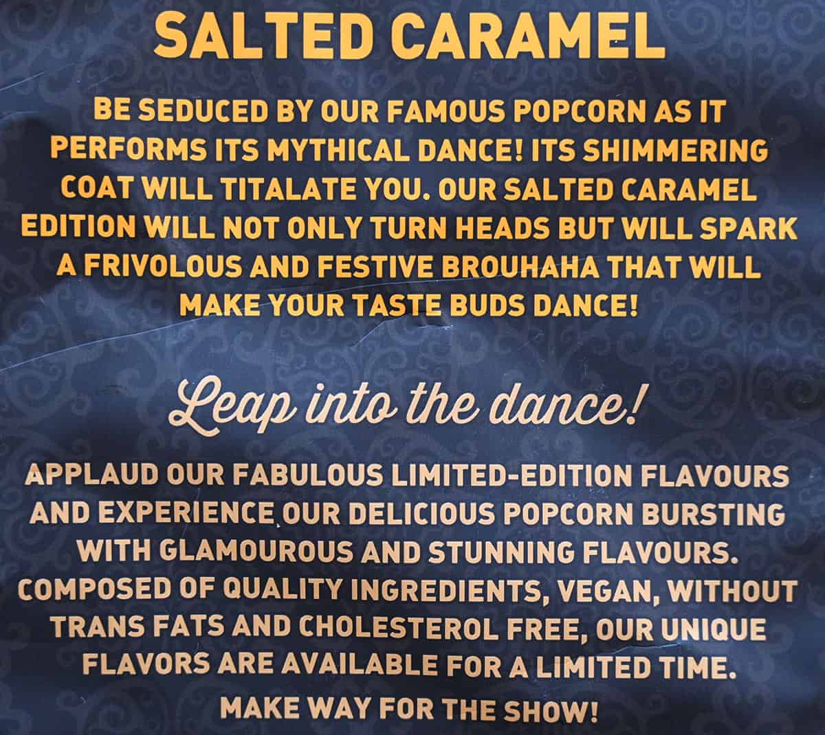 Product description for the salted caramel French Cancan Popcorn from bag.