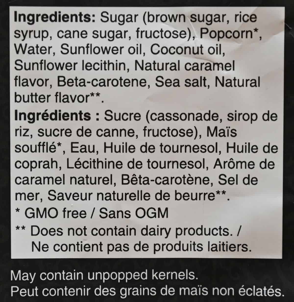 Image of salted caramel popcorn ingredients list from bag.