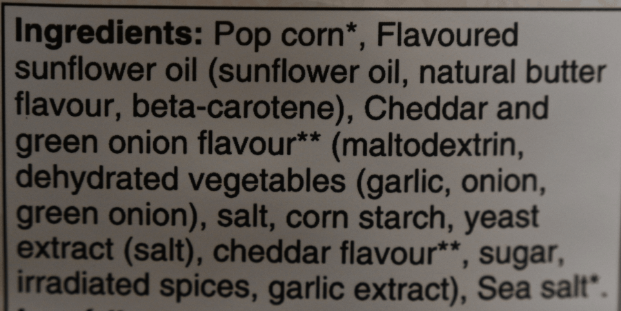 Photo of the ingredients list for the Costco French Cancan Cheddar & Green Onion Popcorn.