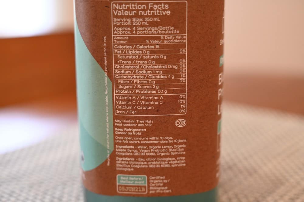 Photo of the bottle of the blue lemonade showing the nutrition facts and the ingredients list.