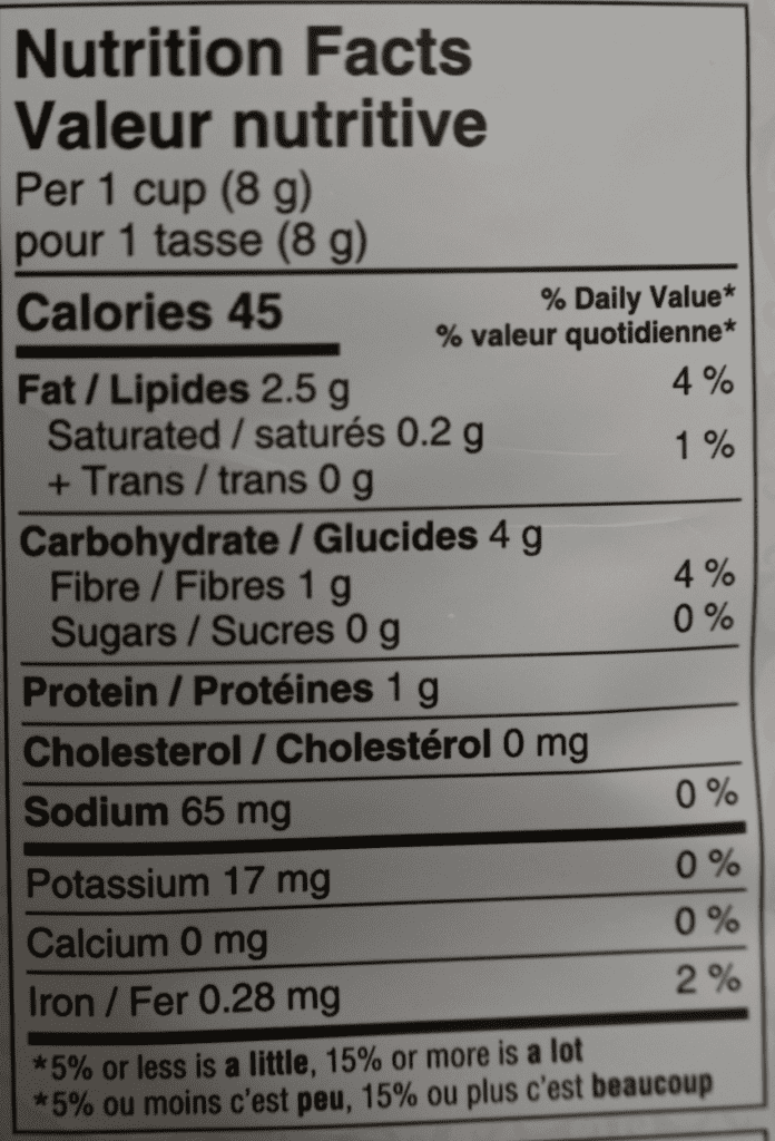 Photo of the nutrition facts for the Costco French Cancan Cheddar & Green Onion Popcorn.