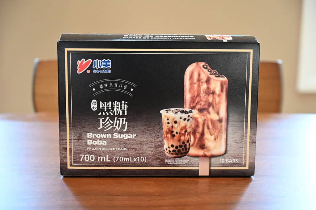 Photo of the box of Costco Shaomei Brown Sugar Boba Frozen Dessert Bars.