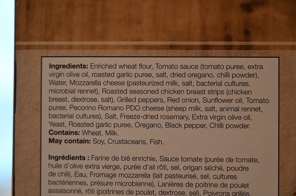 Image of the chicken & grilled peppers pizza ingredients list.