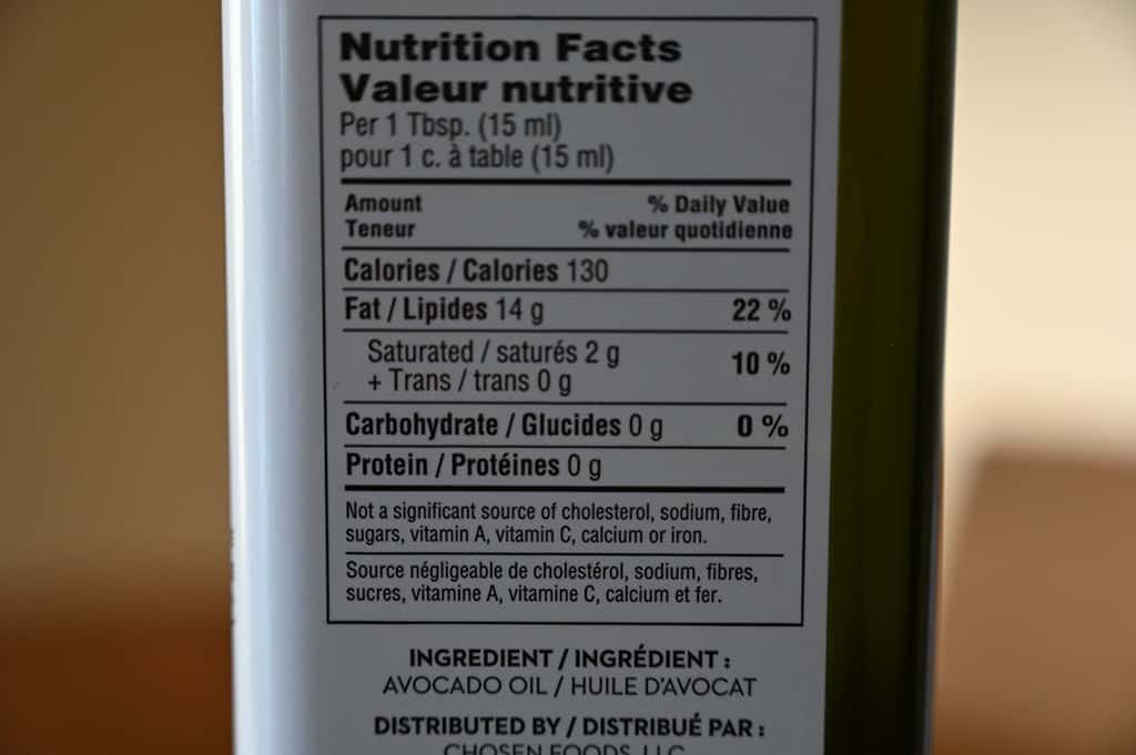 Costco Chosen Foods Avocado Oil Nutrition Information