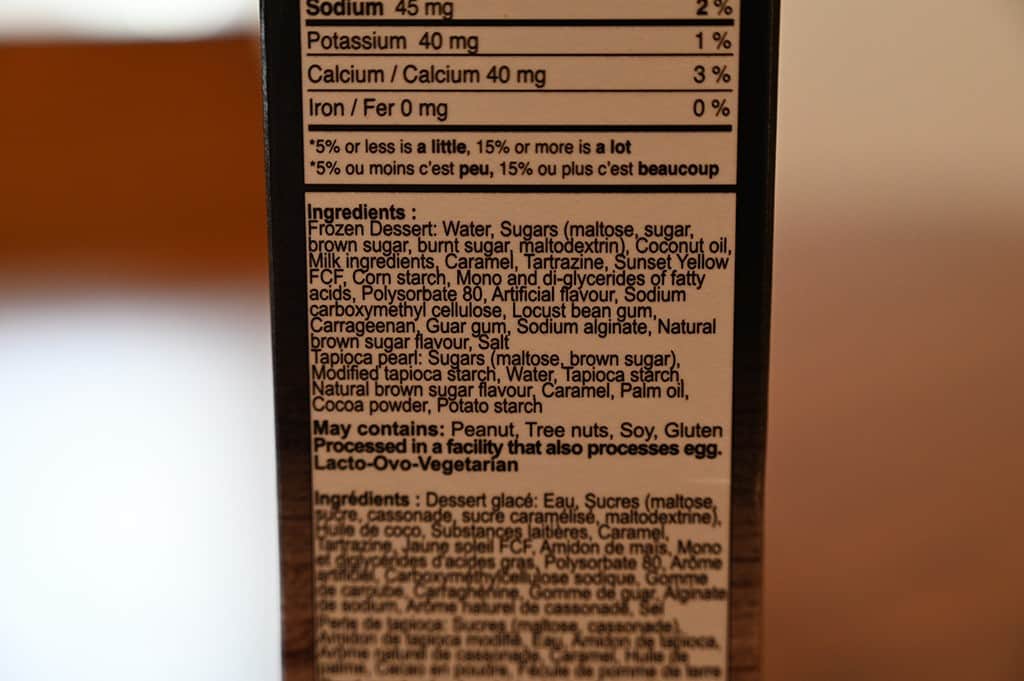 A photo of the ingredients list for the Costco brown sugar boba bars.