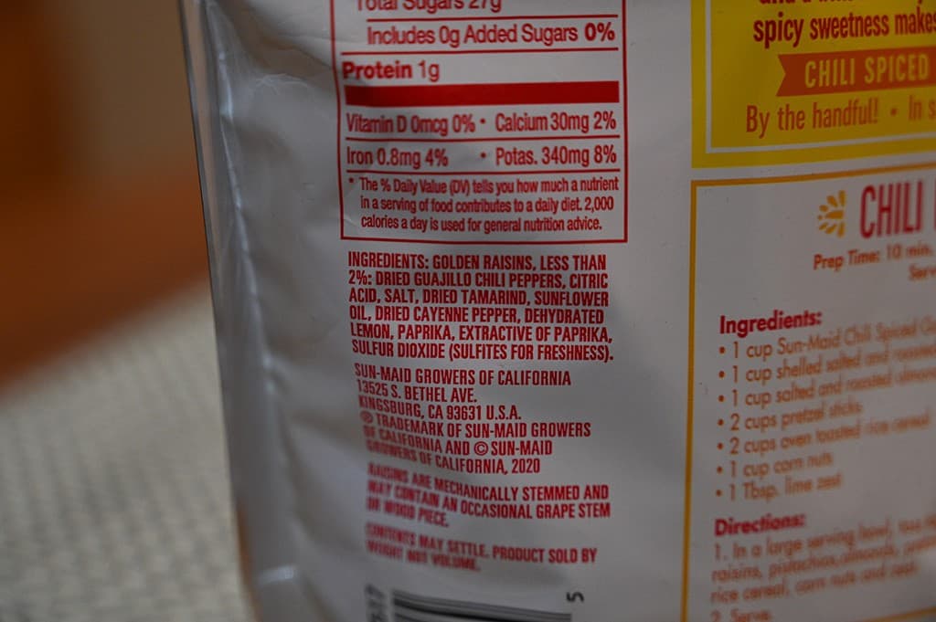 Costco Sun-Maid Chili Spiced Golden Raisins Ingredients
