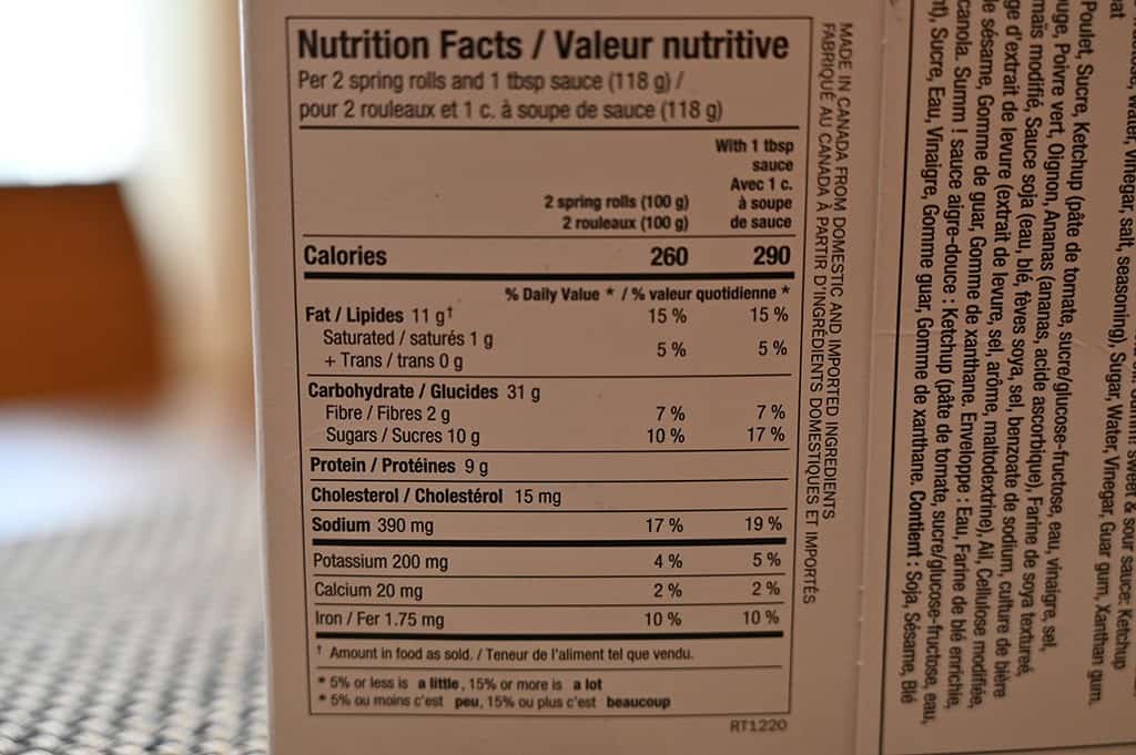 Costco Summ! Sweet & Sour Chicken Spring Rolls Nutritional Information