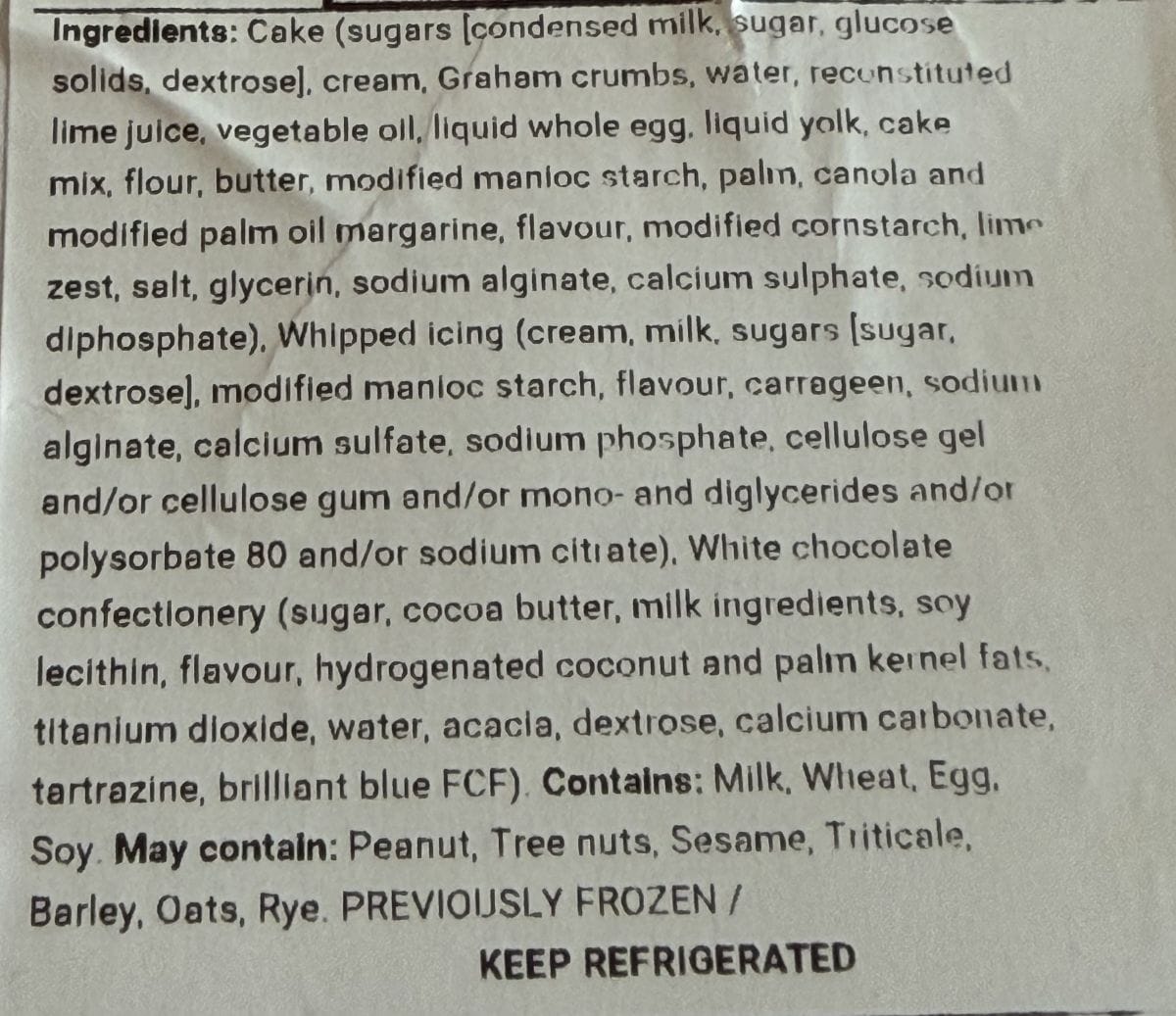 Image of the ingredients for the cake from the label.