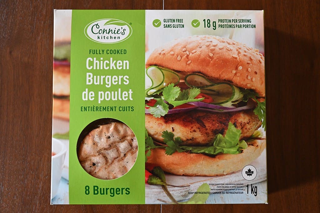 Image of the Costco Connie's Kitchen Original Chicken Burgers box unopened on a table.