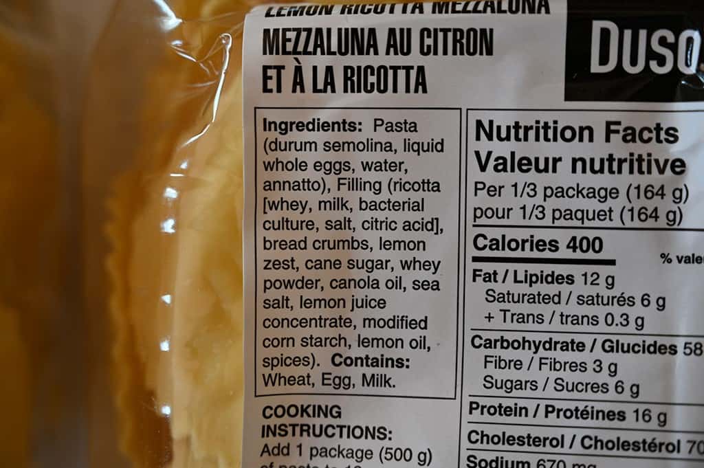 Costco Duso's Lemon Ricotta Mezzaluna Ingredients