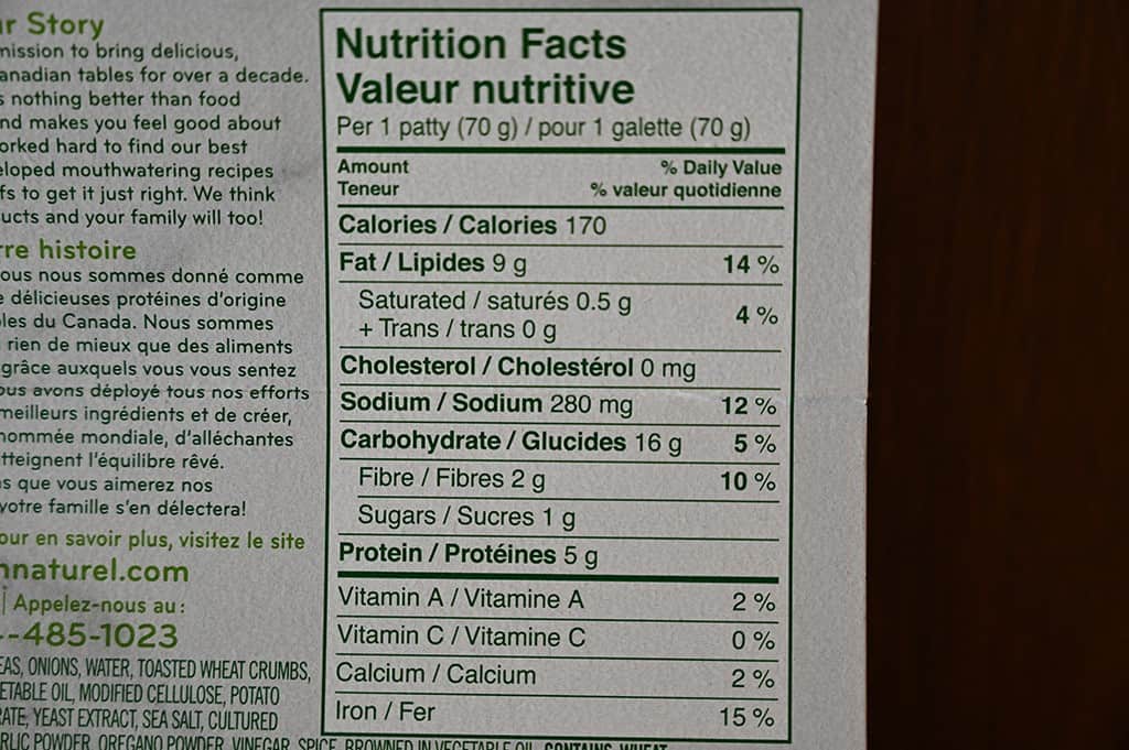 Costco oh naturel! Spinach & Chickpea Patties Nutritional Information