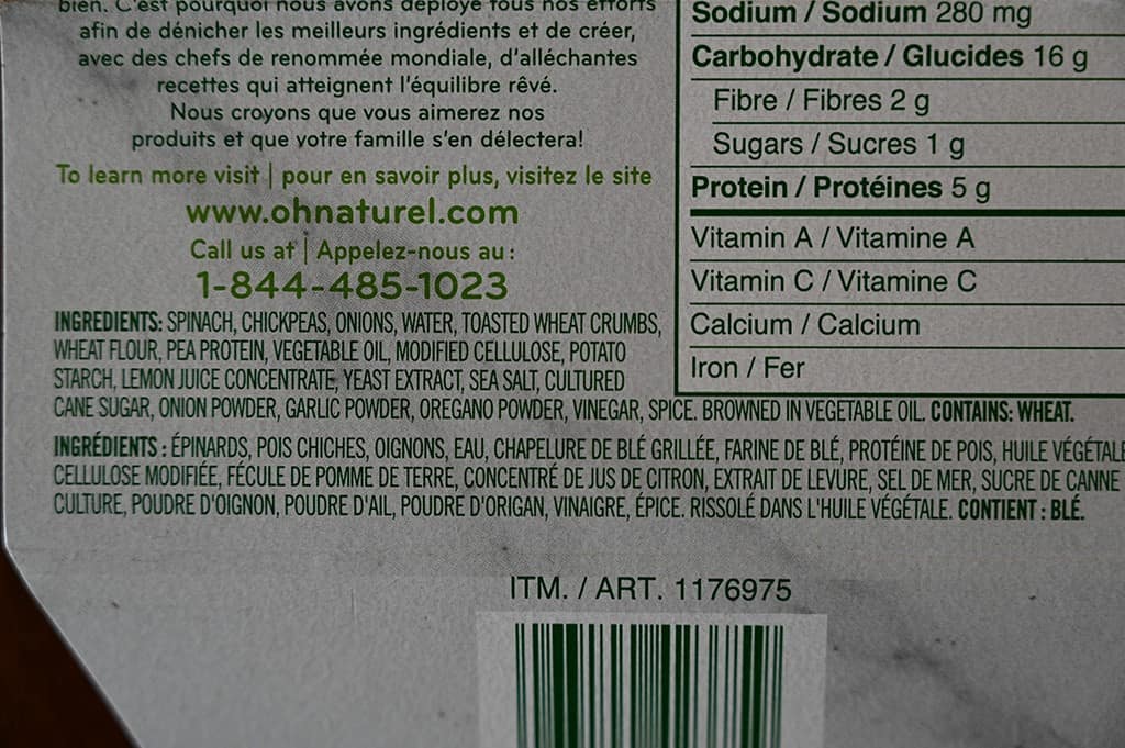 Costco oh naturel! Spinach & Chickpea Patties Ingredients