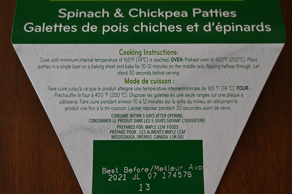 Costco oh naturel! Spinach & Chickpea Patties Cooking Instructions
