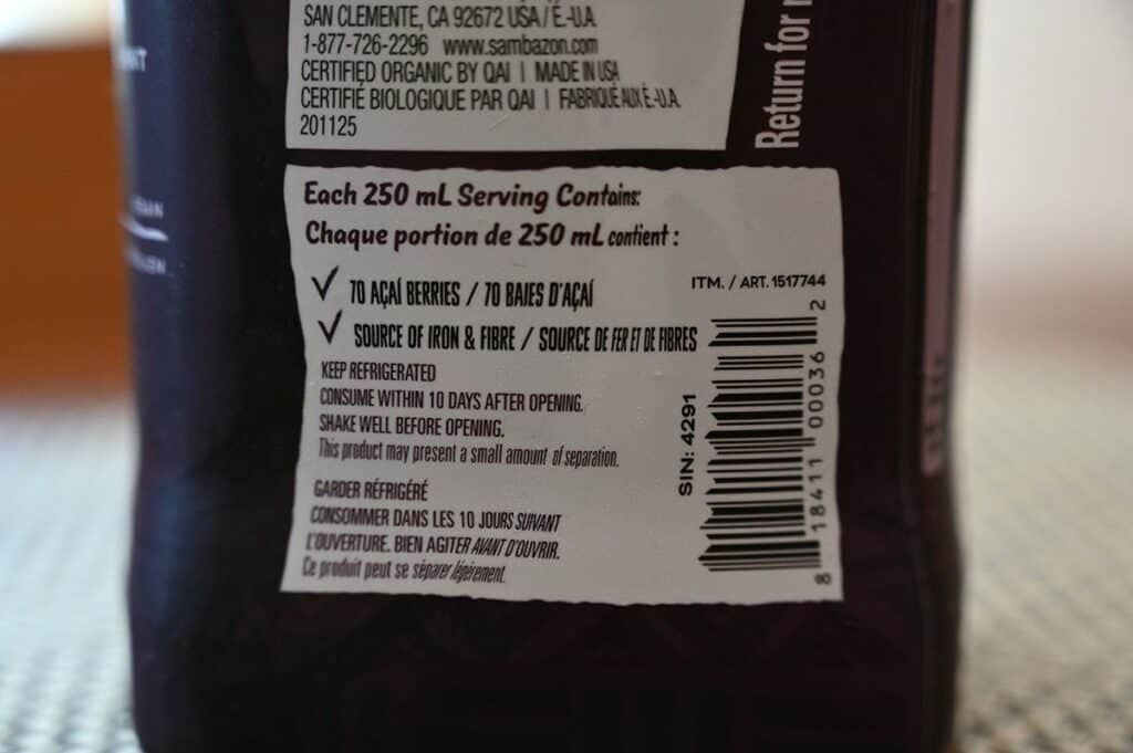 Costco Sambazon Acai Superfood Drink label keep refrigerated shake well before opening