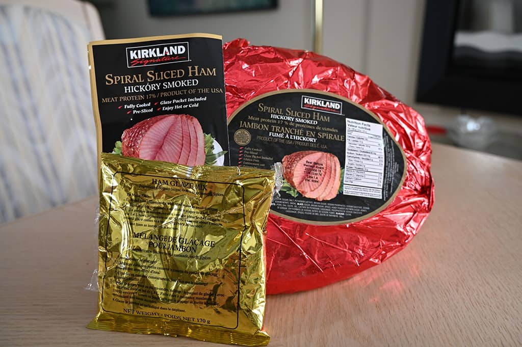 The Costco Kirkland Signature Spiral Sliced Ham, glaze packet and instruction booklet.