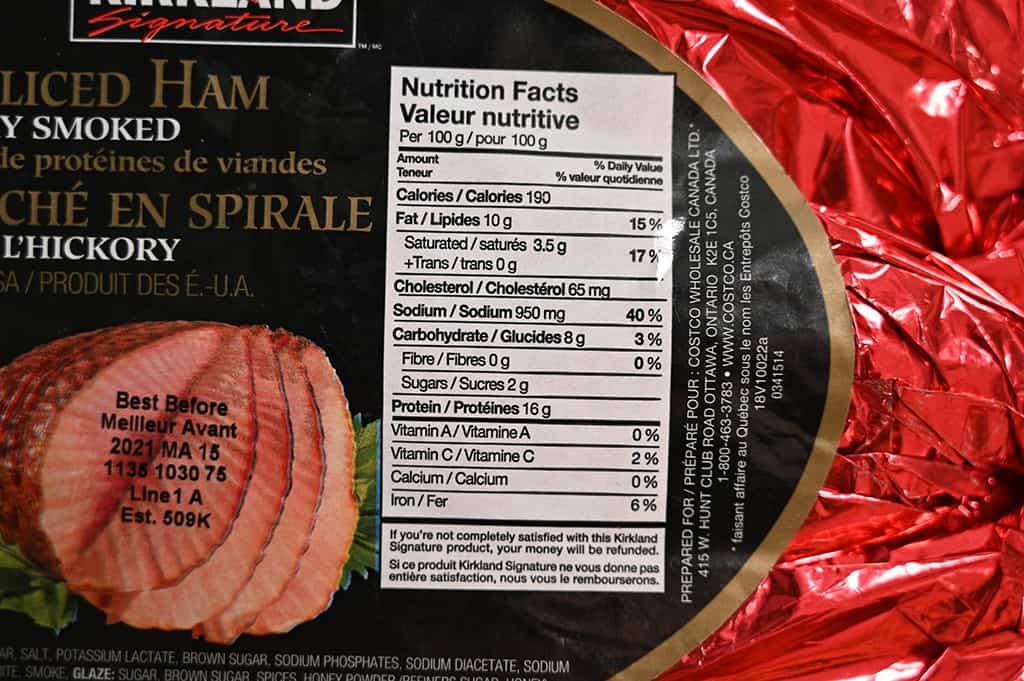 Nutrition facts for the Costco Kirkland Signature Spiral Sliced Ham.