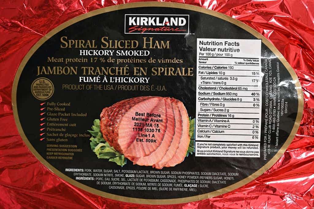 The ingredients list for the Kirkland Signature Spiral Sliced Ham.