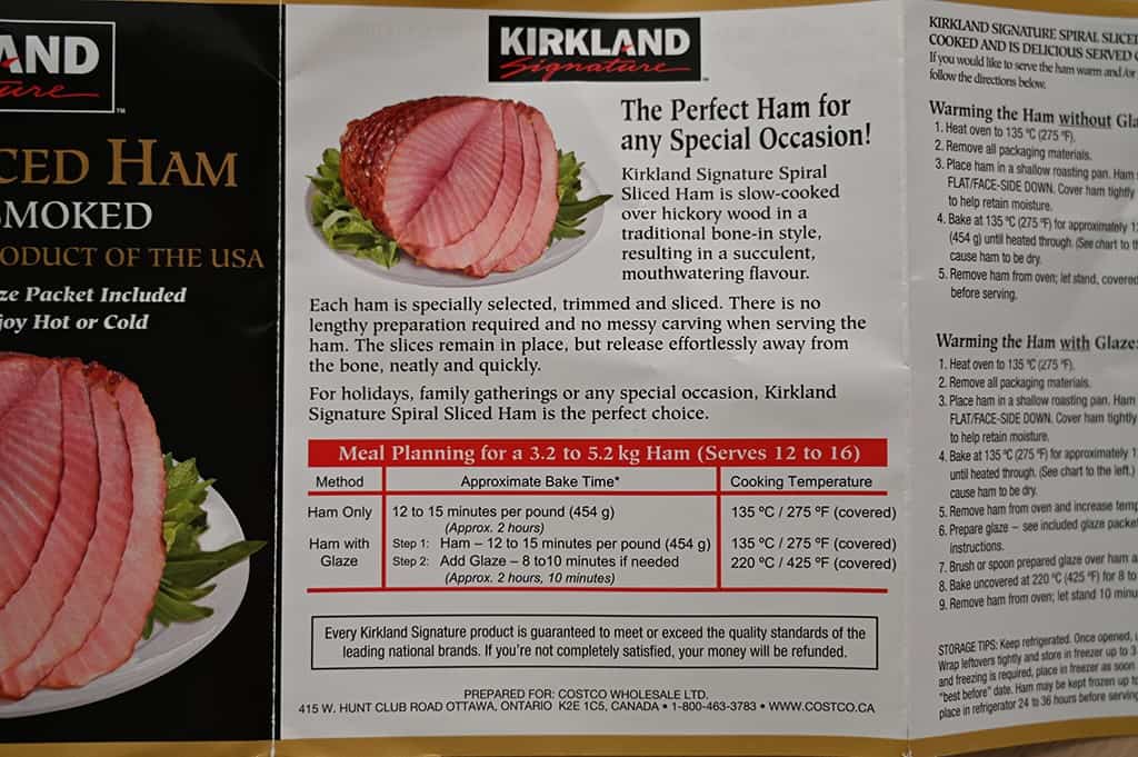 Cooking instructions for the Kirkland Signature Spiral Sliced Ham.