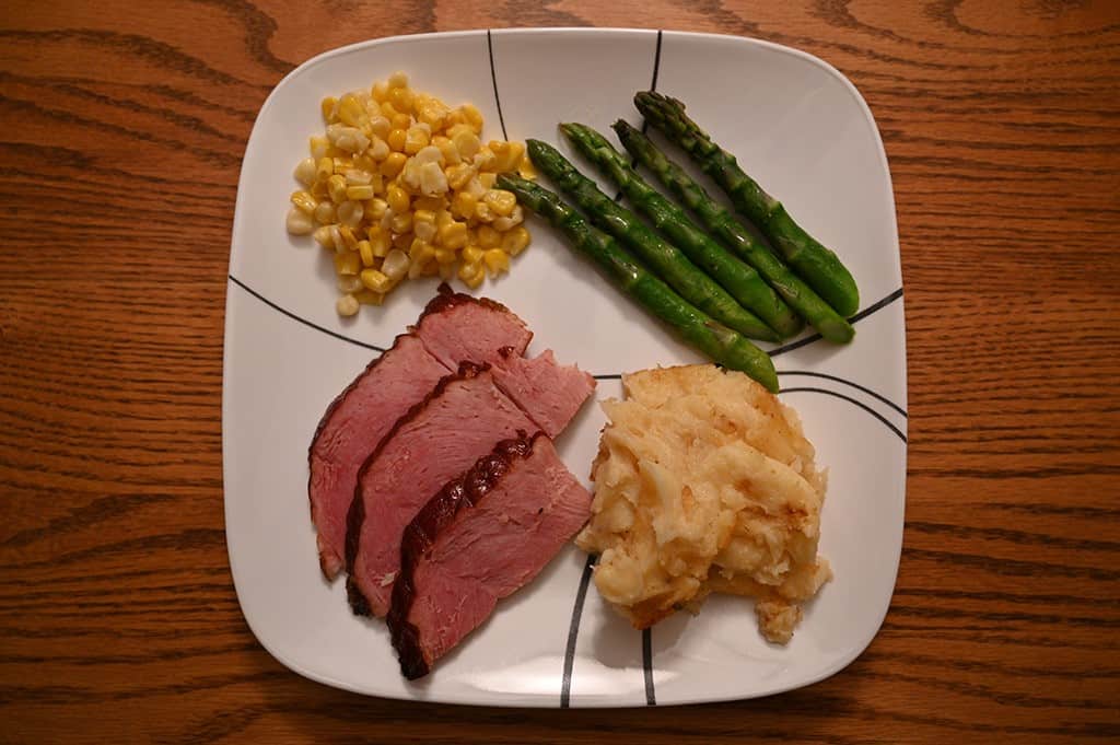 The Costco Kirkland Signature Spiral Sliced Ham plated for Easter dinner.