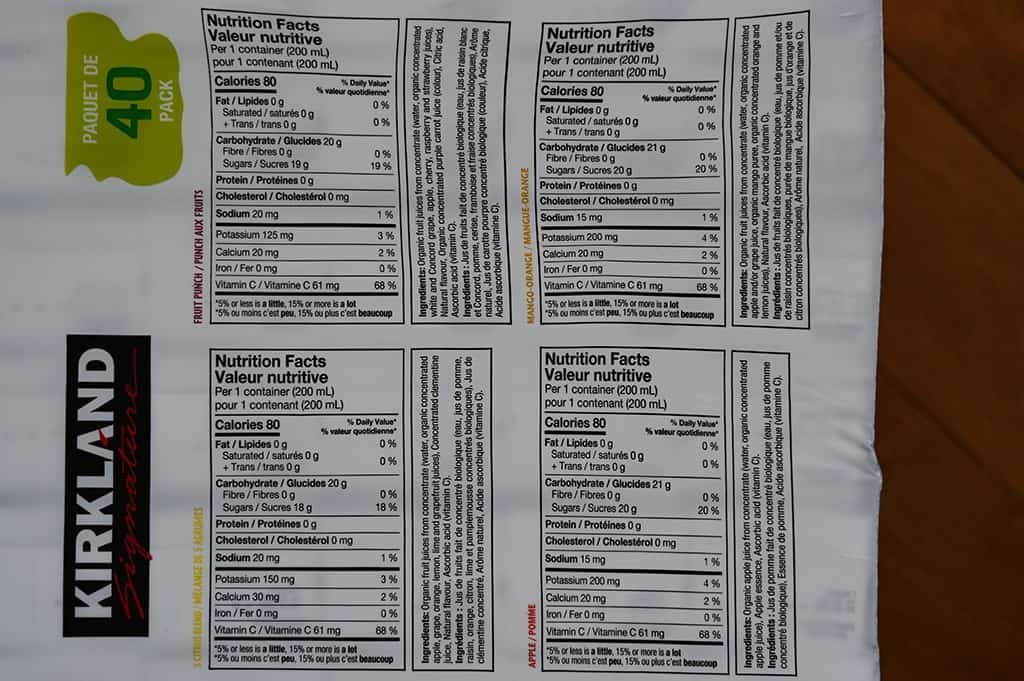 Costco Kirkland Signature Organic Juice Box Nutrition Information