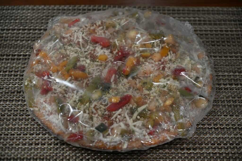 Costco Molinaro's Gluten-Free Roasted Vegetable Cauliflower Crust Frozen Pizza in plastic packaging