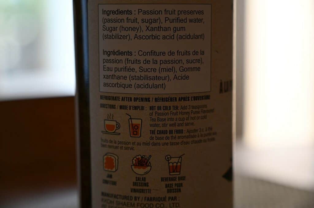 Costco Vonbee Passion Fruit Honey Puree Ingredients label