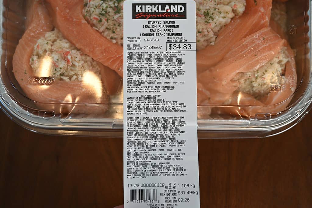 The label on the Stuffed Salmon package.