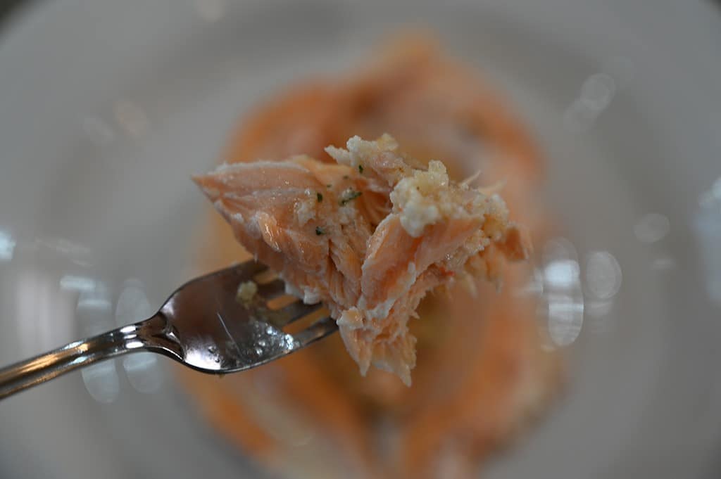 A close-up of a forkful of the salmon.