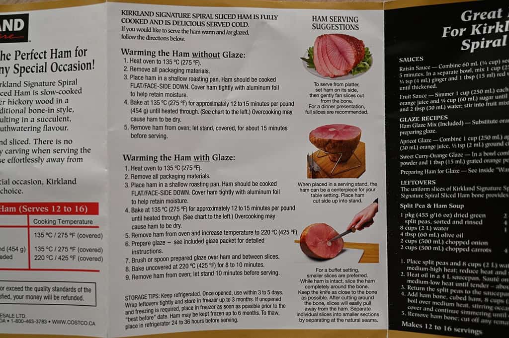 Additional cooking instructions for the Kirkland Signature Spiral Sliced Ham.