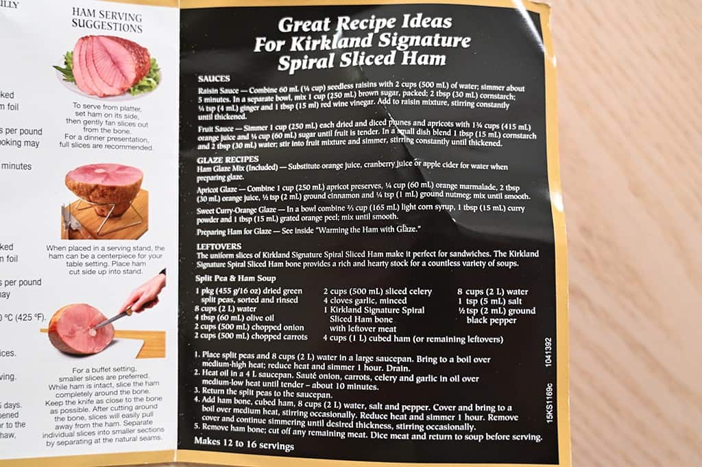 The recipe section of the booklet that comes with the Kirkland Signature Spiral Sliced Ham.