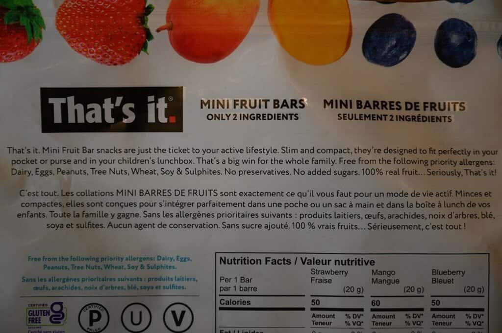 Costco That's It Mini Fruit Bars description on back of bag 