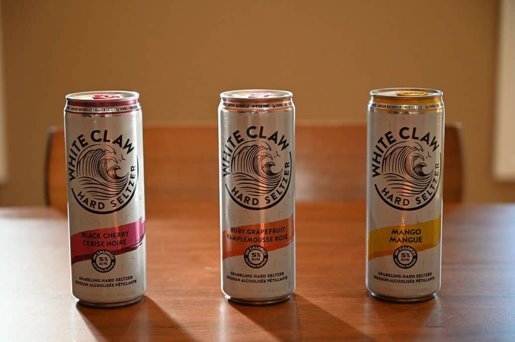 Costco White Claw Hard Seltzer black cherry, ruby grapefruit and mango cans 