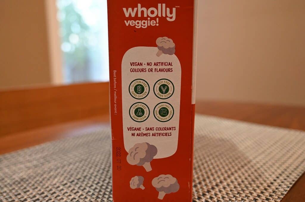 Costco Wholly Veggie Buffalo Cauliflower Cooking Instructions box that says vegan, dairy-free, soy-free, gluten-free no artificial flavors. 