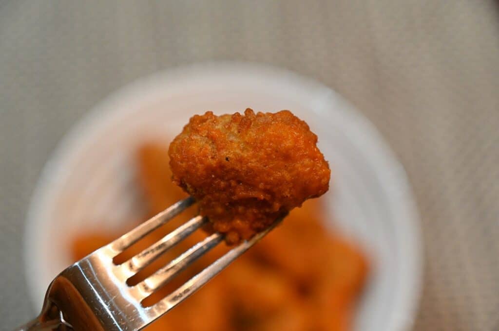 Costco Wholly Veggie Buffalo Cauliflower on a fork