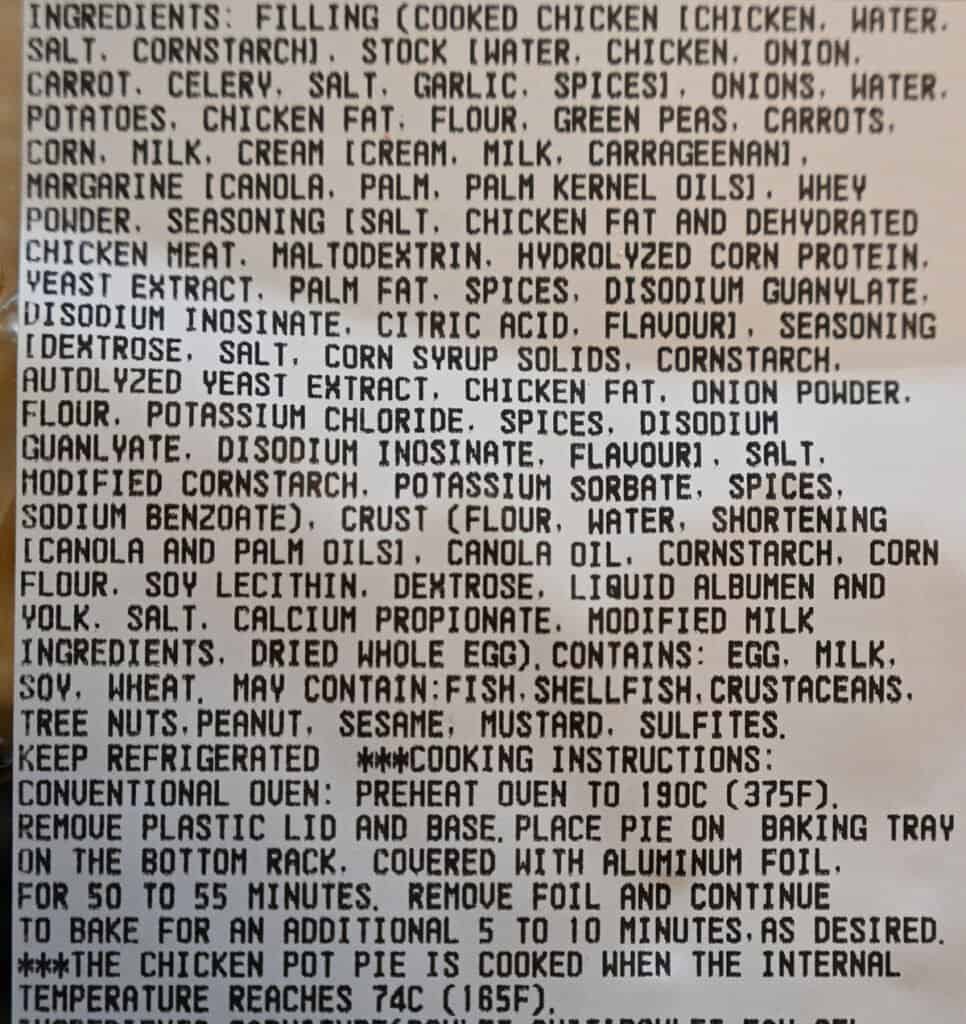 The ingredients list and cooking instructions for the Costco Kirkland Signature Chicken Pot Pie.