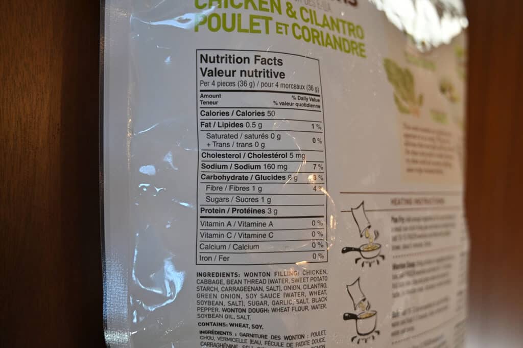 The nutrition facts and ingredients list for the Bibigo Fully Cooked Chicken & Cilantro Mini Wontons.