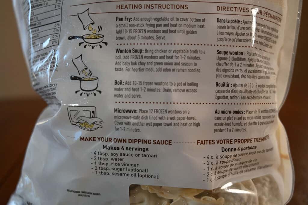 Heating instructions for the Bibigo Mini Wontons.