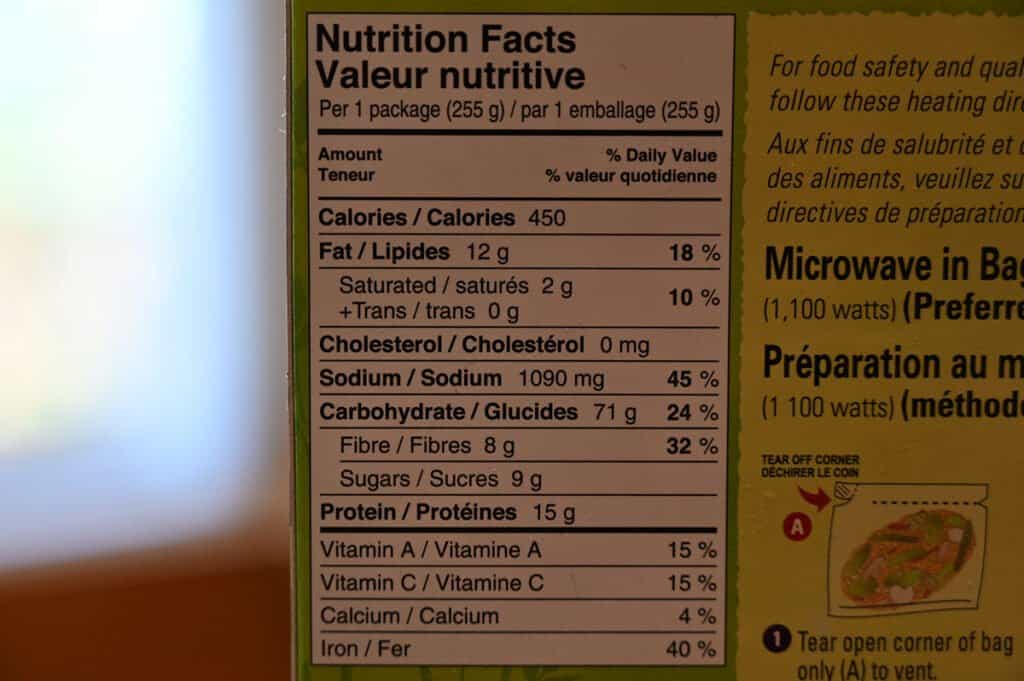 Nutrition facts for the Vegetable Yakisoba.